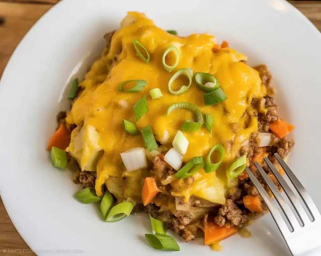 Delicious taco potato casserole with seasoned beef, creamy soup, and tender potatoes.