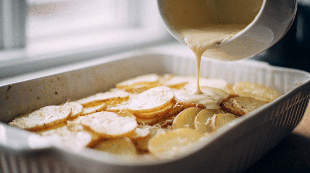 Thin potato slices layered in a white baking dish.