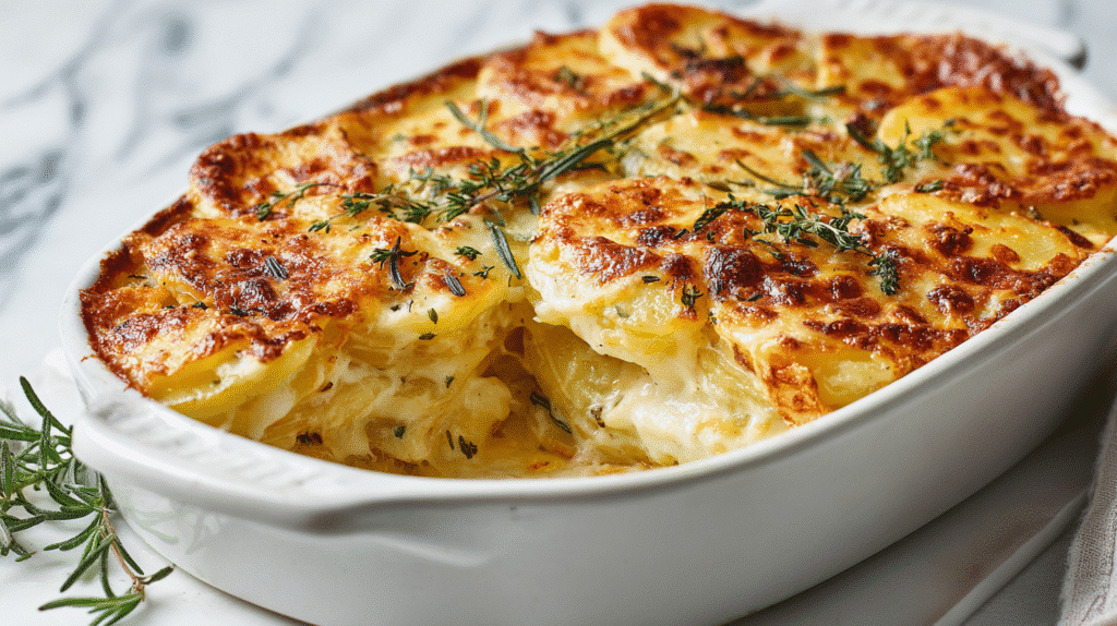Slice of creamy potato bake served on a white plate.