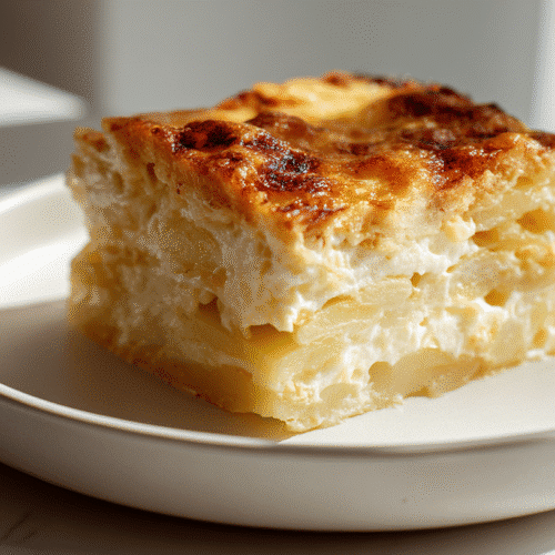 Two-layered potato bake served in a modern white dish with melted cheese.