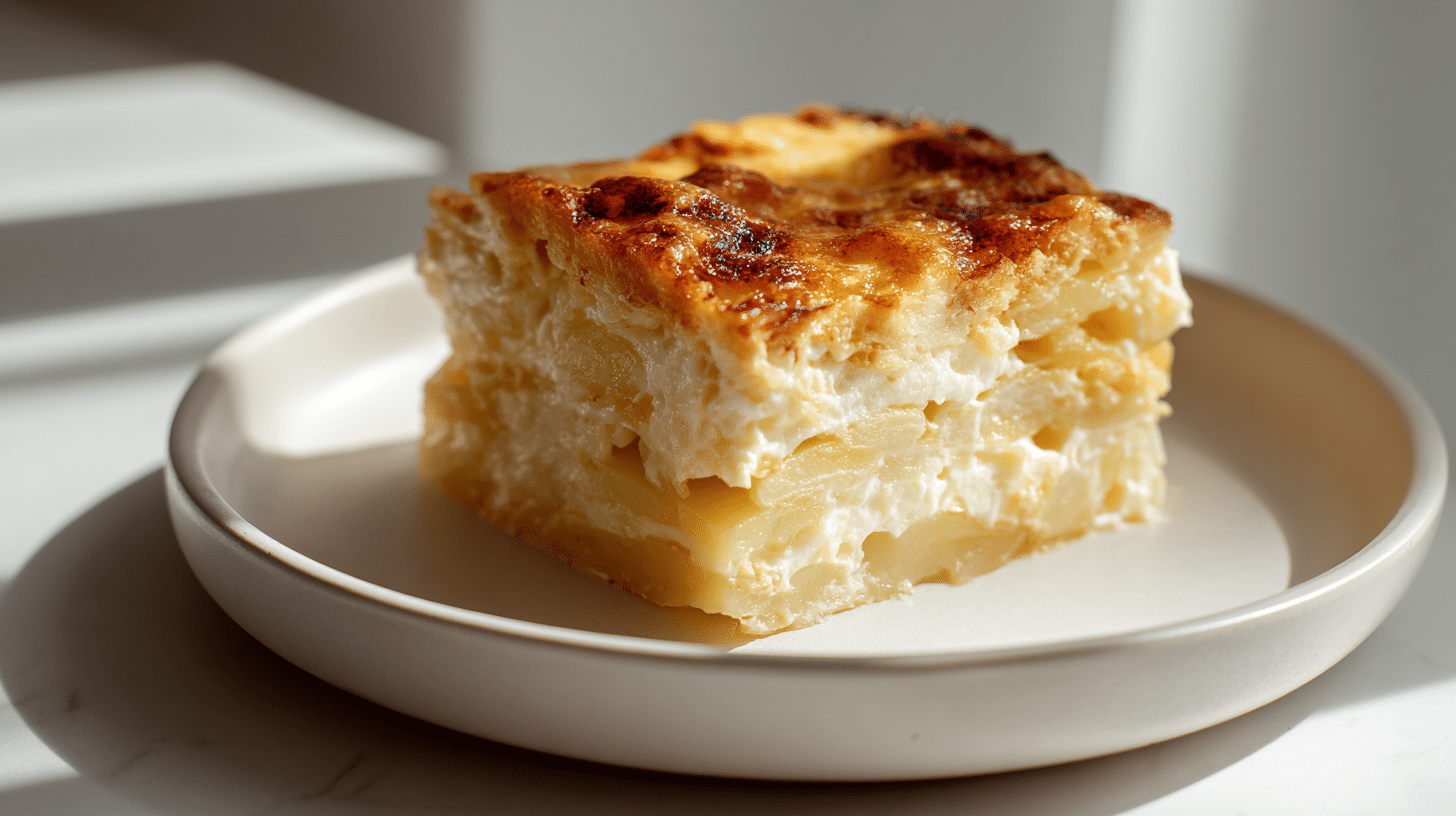 Two-layered potato bake served in a modern white dish with melted cheese.