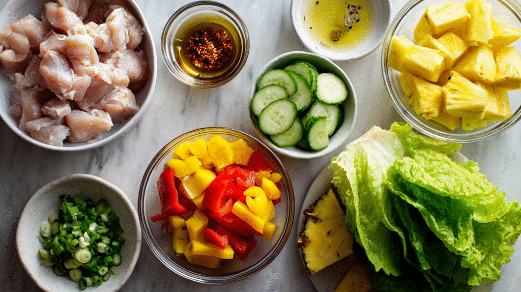 Chicken, pineapple, greens, and vegetables arranged on a kitchen counter.