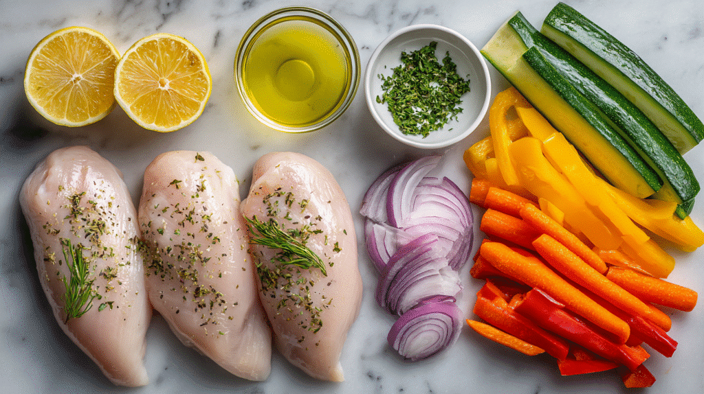 Fresh ingredients for lemon herb chicken and roasted vegetables arranged on a white surface.