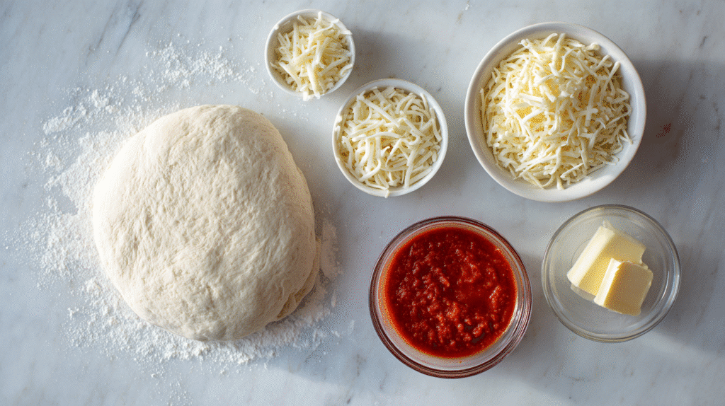 Pizza dough, mozzarella, garlic, butter, and sauce on a kitchen counter.