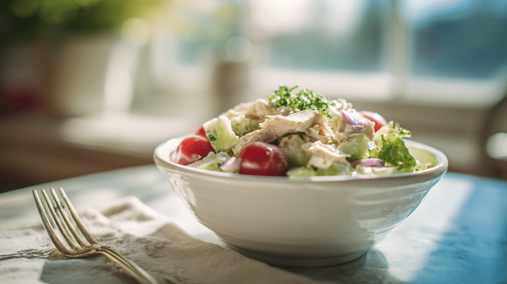 Hawaiian chicken salad served in a clean white bowl on a kitchen counter.