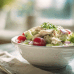 Hawaiian chicken salad served in a clean white bowl on a kitchen counter.