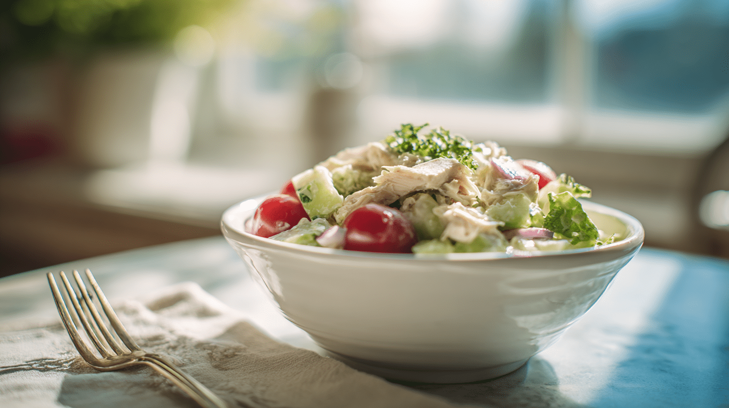 Hawaiian chicken salad served in a clean white bowl on a kitchen counter.