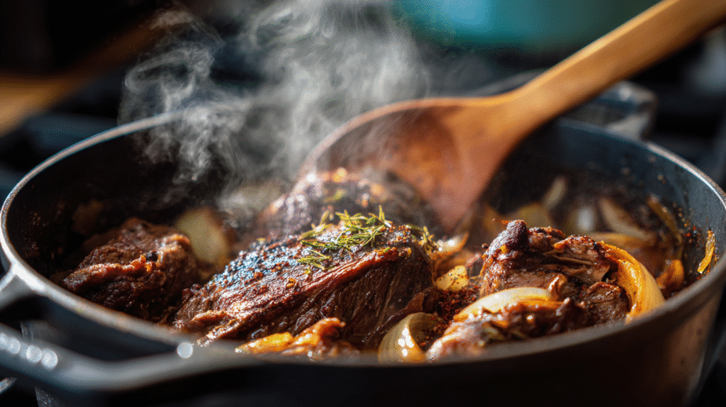Browning lamb with spices while making Moroccan lamb tagine