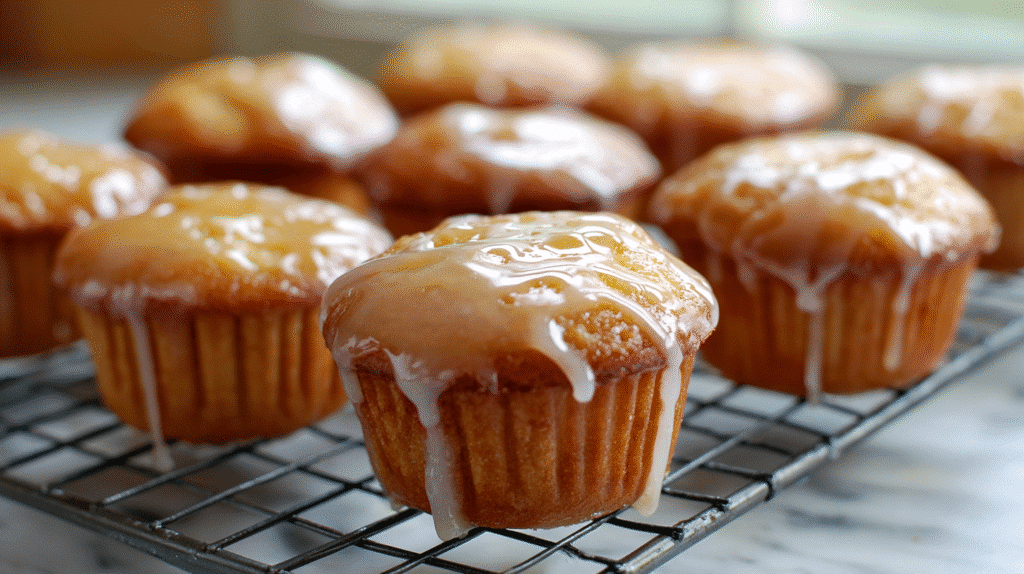 Maple glazed donut muffins cooling on a kitchen counter.