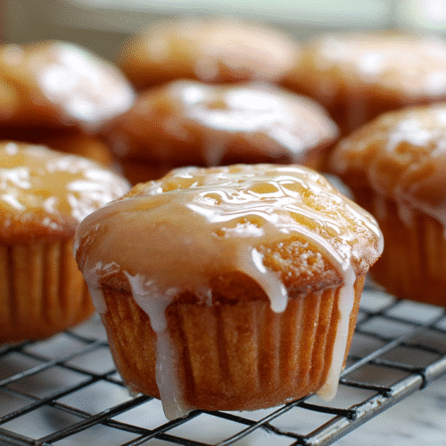 Maple glazed donut muffins cooling on a kitchen counter.