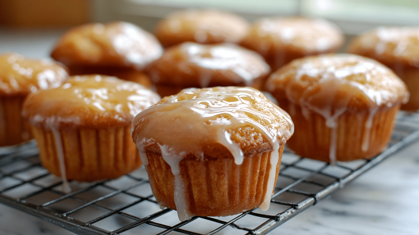 Maple glazed donut muffins cooling on a kitchen counter.