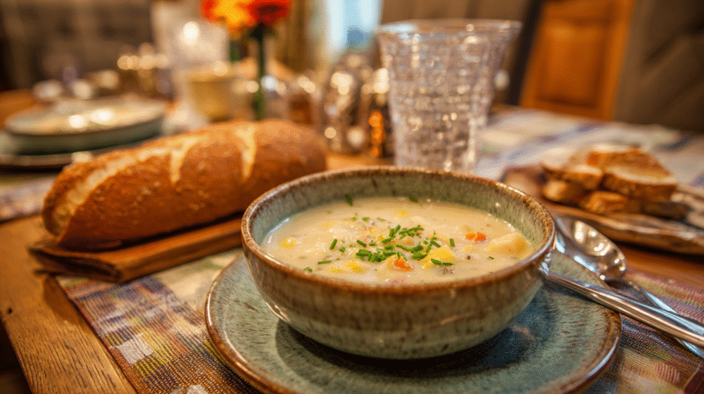 Potato soup served with bread