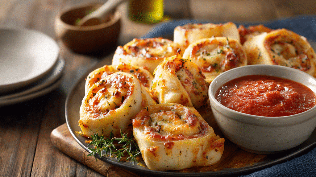 Cheesy pizza rolls with garlic butter on a white plate in a home kitchen.