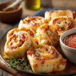 Cheesy pizza rolls with garlic butter on a white plate in a home kitchen.