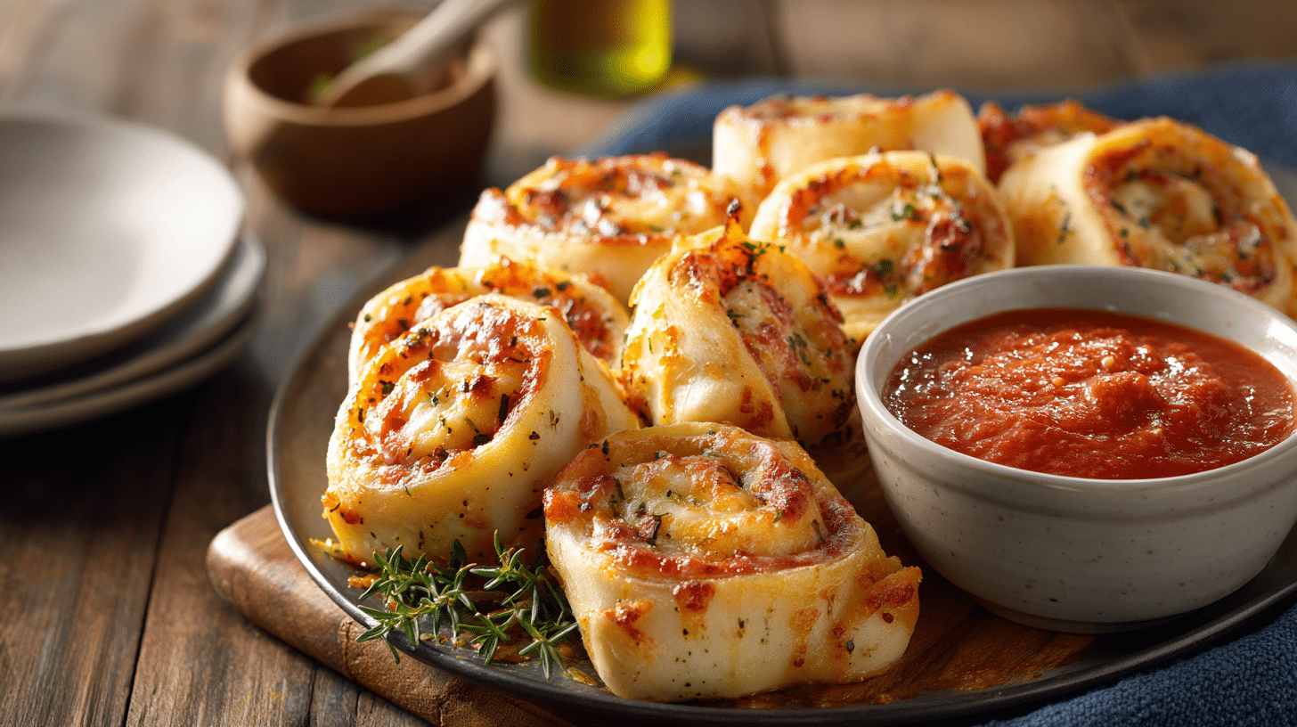 Cheesy pizza rolls with garlic butter on a white plate in a home kitchen.
