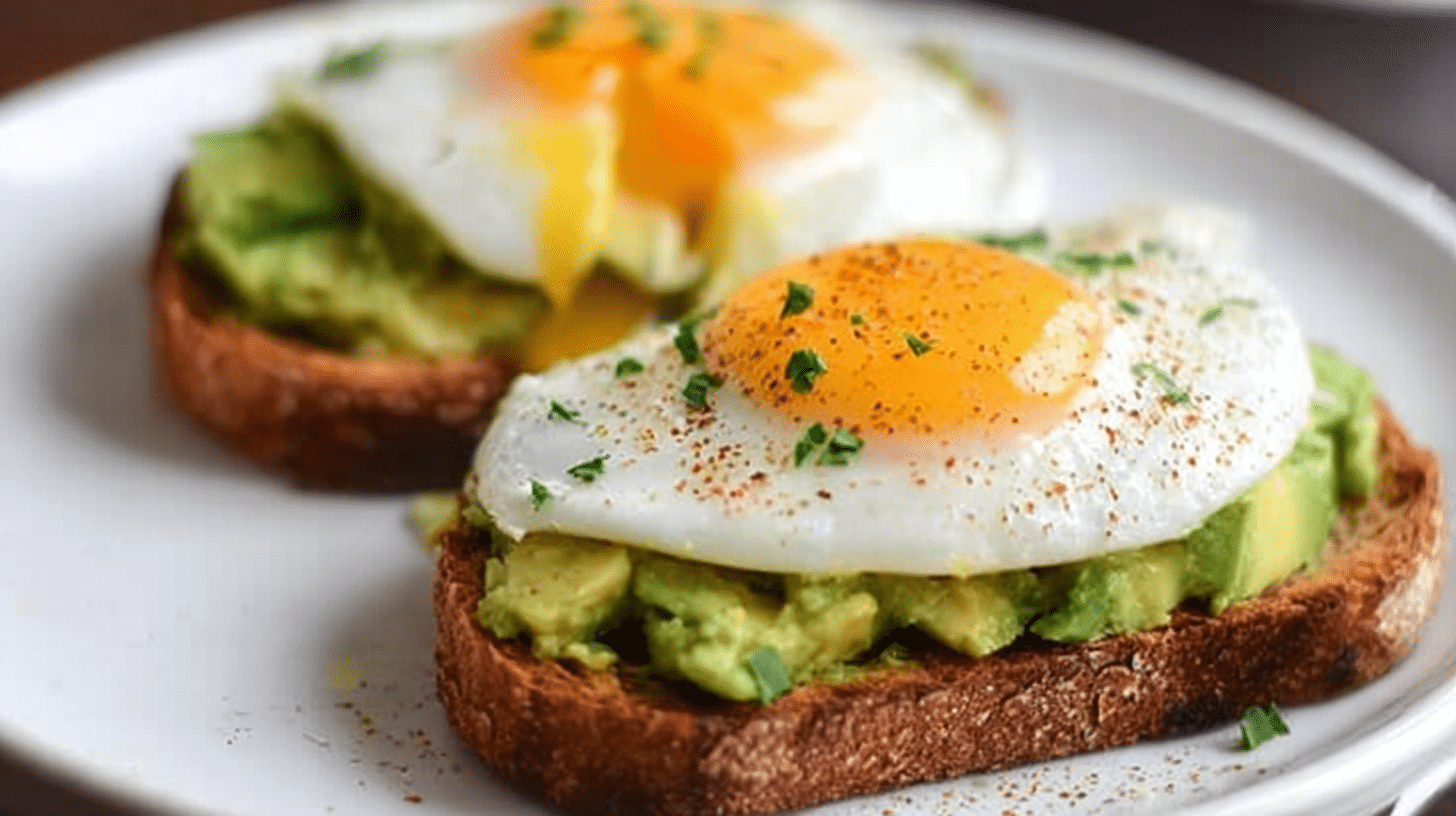 Delicious avocado toast topped with a perfectly fried egg on a rustic plate