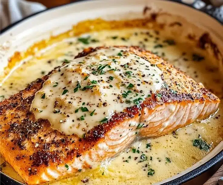 Baked Boursin Salmon topped with herbs and spices