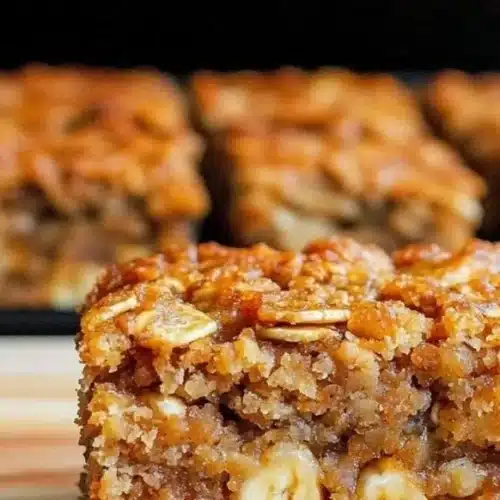 Homemade banana oatmeal bars stacked on a wooden table.