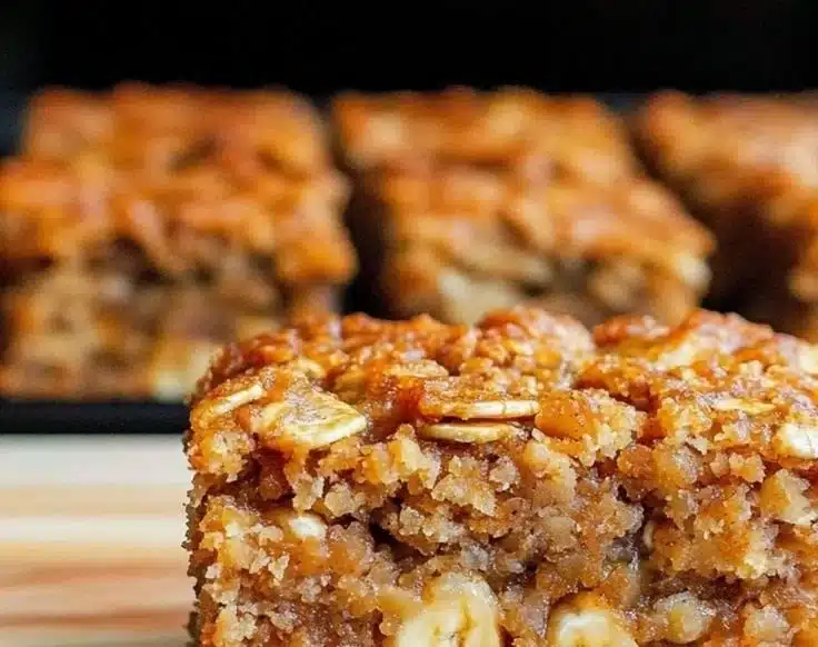 Homemade banana oatmeal bars stacked on a wooden table.