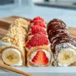 Banana sushi rolls with toppings on a plate