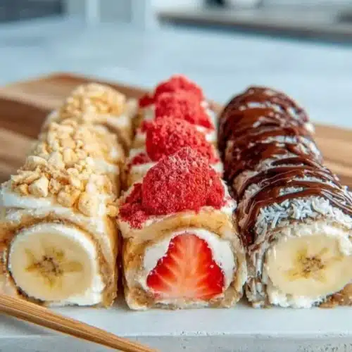 Banana sushi rolls with toppings on a plate