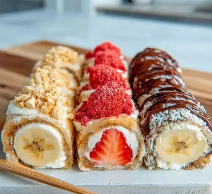 Banana sushi rolls with toppings on a plate