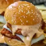 Bang Bang Chicken Sliders topped with spicy sauce and fresh ingredients.