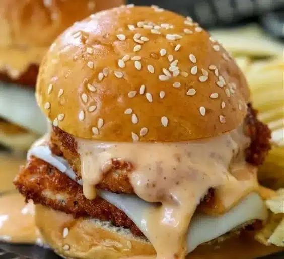 Bang Bang Chicken Sliders topped with spicy sauce and fresh ingredients.