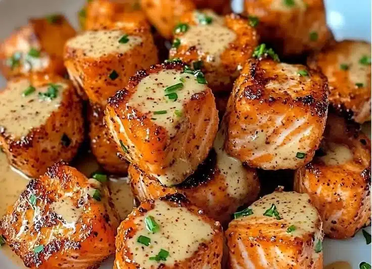 Delicious Bang Bang Salmon Bites served on a platter