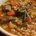 Bowl of hearty Beef Barley Soup with fresh vegetables and tender beef chunks