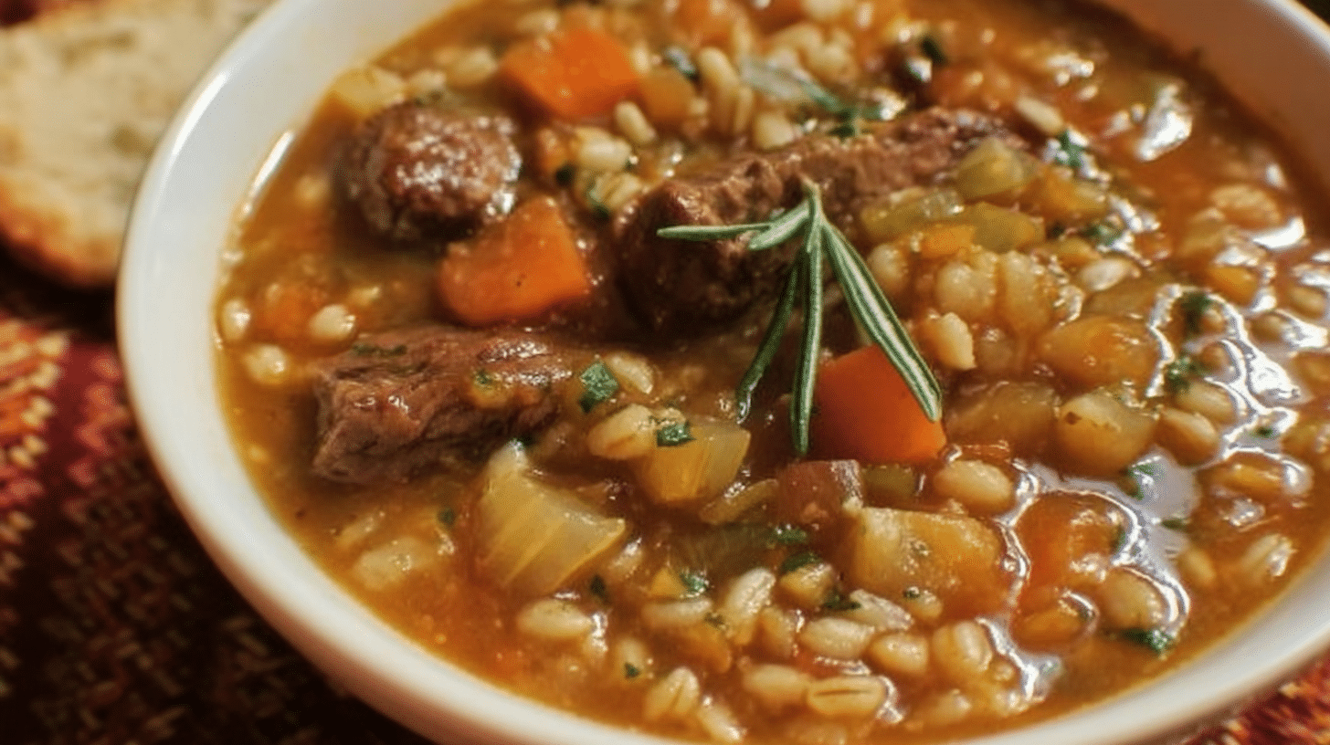 Bowl of hearty Beef Barley Soup with fresh vegetables and tender beef chunks
