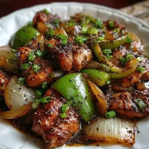 Serving of Black Pepper Chicken with vegetables on a plate