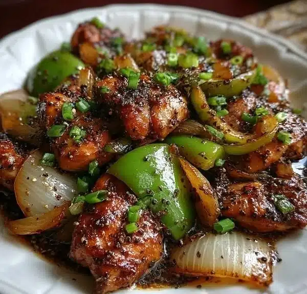 Serving of Black Pepper Chicken with vegetables on a plate