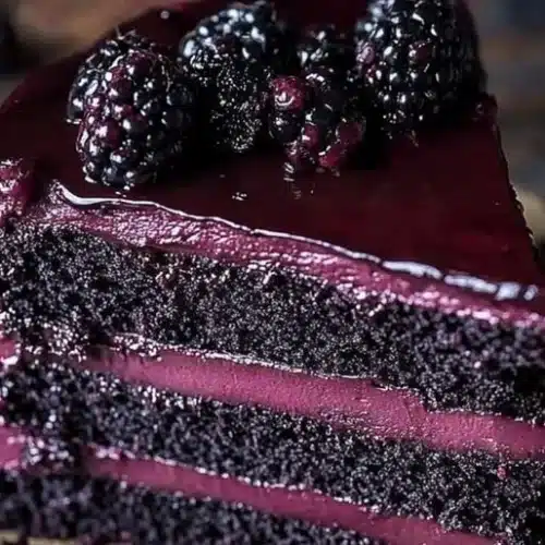 Gothic Blackberry Velvet Cake with rich cream frosting and fresh blackberries.