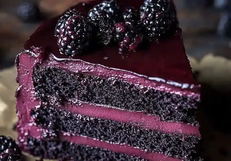 Gothic Blackberry Velvet Cake with rich cream frosting and fresh blackberries.