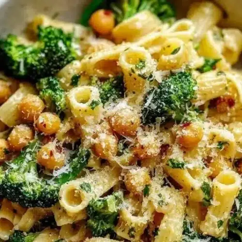 Delicious broccoli chickpea pasta drizzled with garlic olive oil