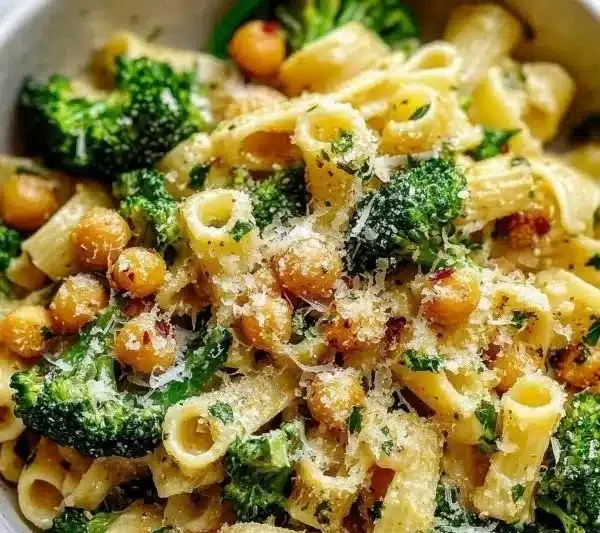 Delicious broccoli chickpea pasta drizzled with garlic olive oil