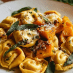 Plate of homemade butternut squash tortellini topped with sage butter sauce