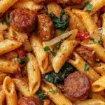 Delicious Cajun Sausage Pasta served in a bowl, featuring vibrant colors and textures.