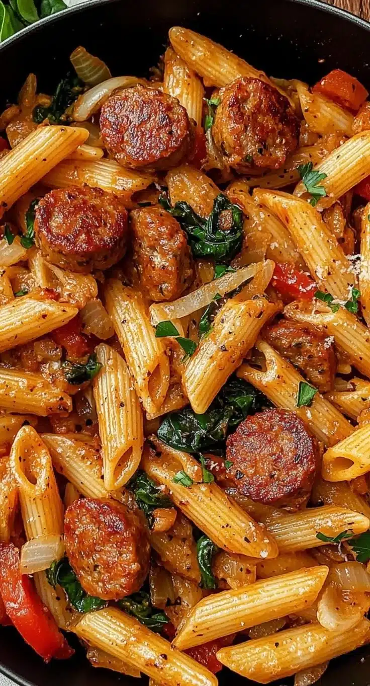 Delicious Cajun Sausage Pasta served in a bowl, featuring vibrant colors and textures.