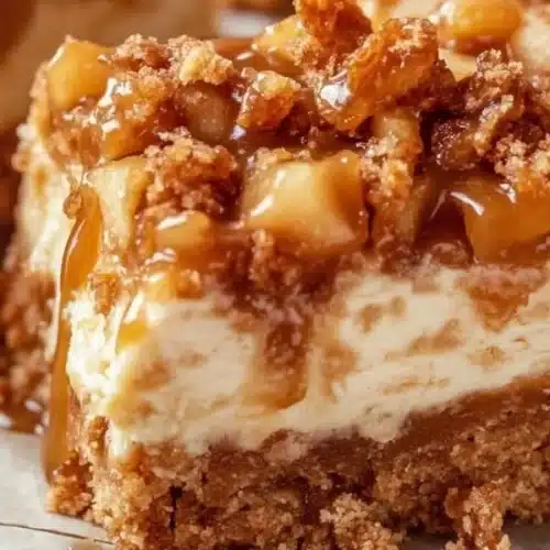 Delicious caramel apple cheesecake bars topped with caramel drizzle and apple slices.
