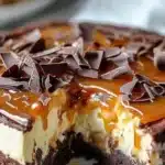 Caramel Brownie Cheesecake dessert with rich layers of chocolate and cream