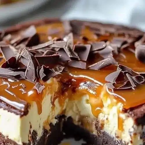 Caramel Brownie Cheesecake dessert with rich layers of chocolate and cream