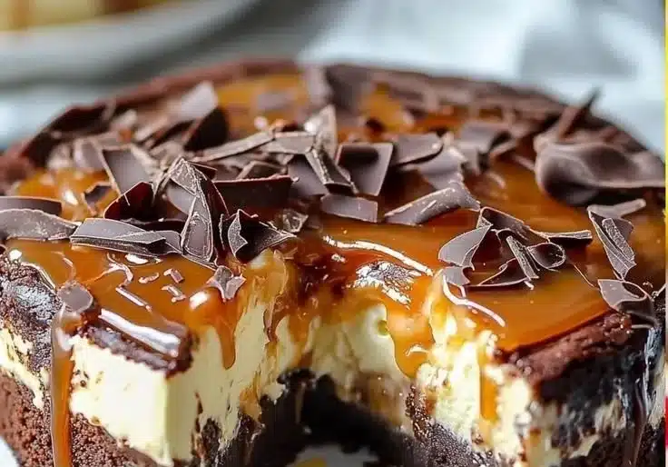Caramel Brownie Cheesecake dessert with rich layers of chocolate and cream