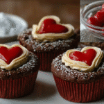 Cheesecake filled chocolate cupcakes adorned with cherry hearts