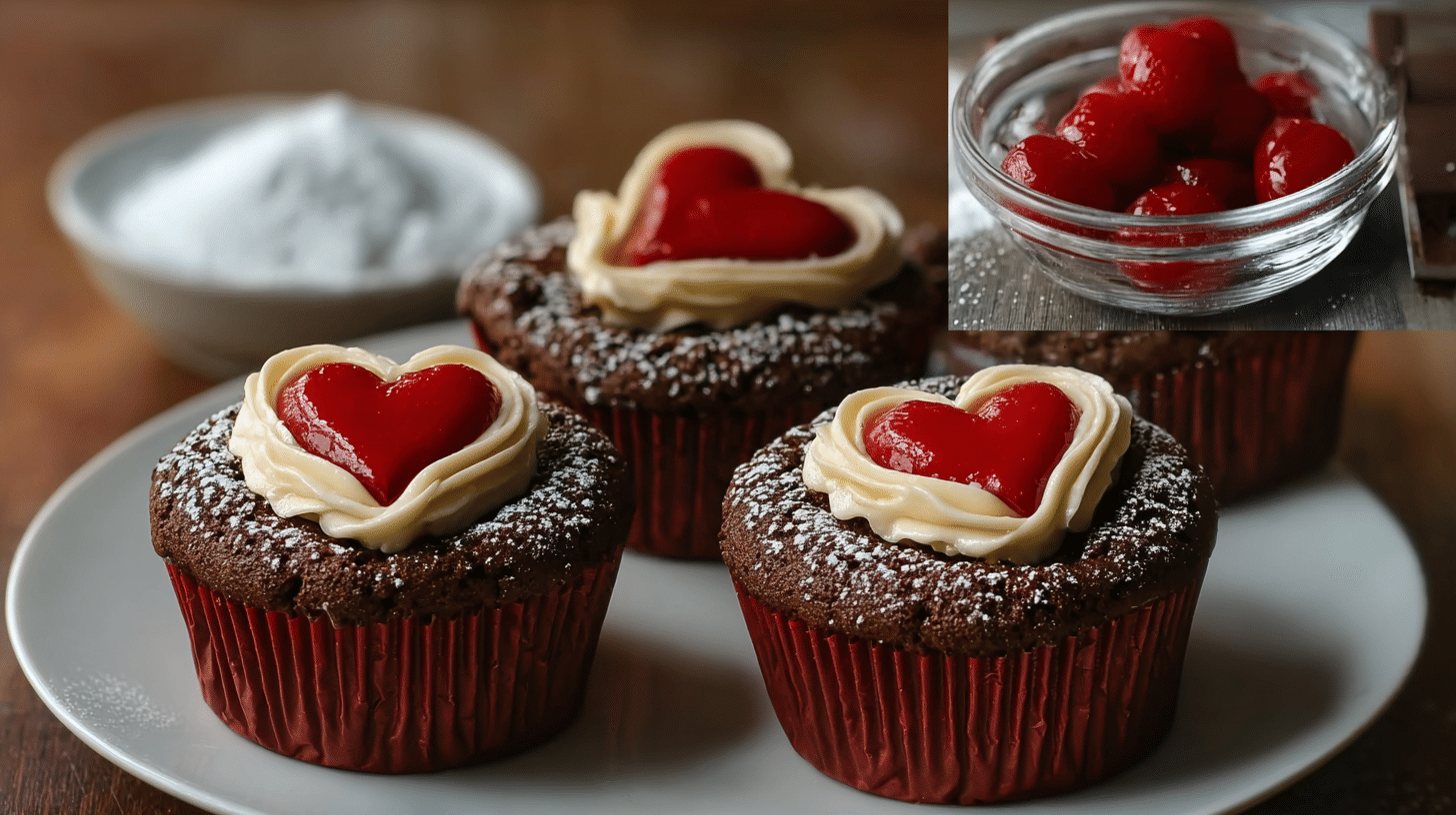 Cheesecake filled chocolate cupcakes adorned with cherry hearts