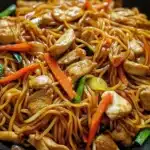 Homemade Chicken Lo Mein with vegetables and noodles in a bowl