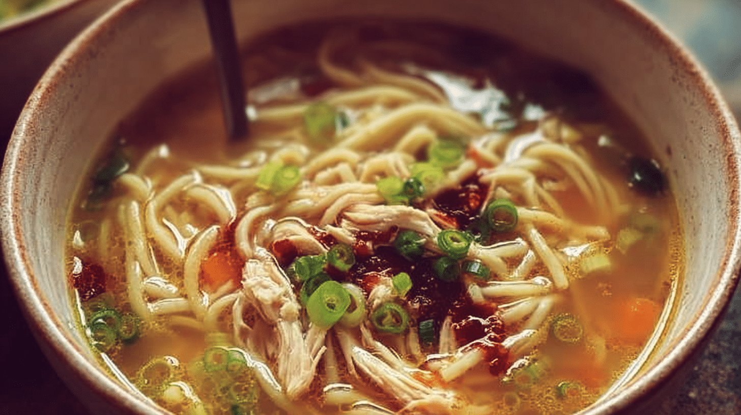 A bowl of Classic Ginger Garlic Chicken Soup with noodles garnished with green onions.