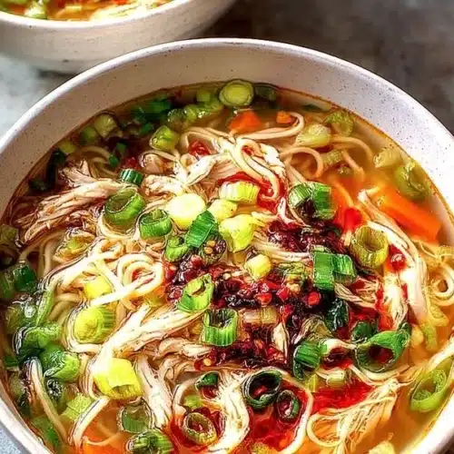 A bowl of Classic Ginger Garlic Chicken Soup with noodles garnished with green onions.