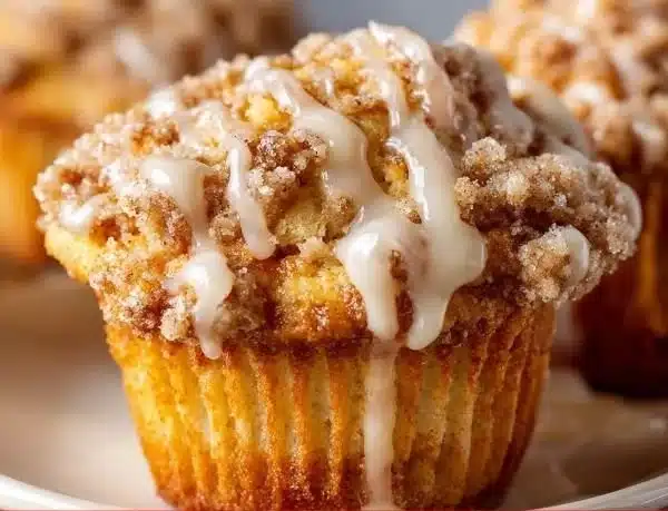 Delicious coffee cake muffins topped with streusel and ready to enjoy.